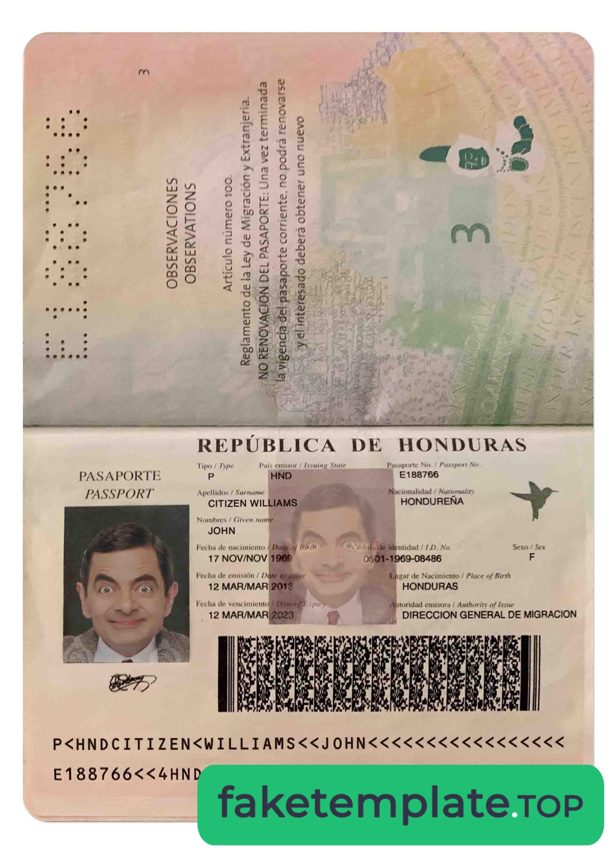 Feature of fake HONDURAS passport example